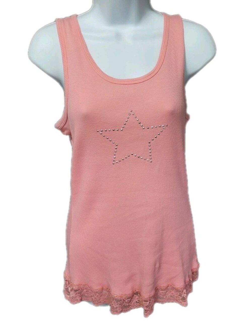 Vintage 90s Y2K Jody Ribbed Camisole Tank Top XL Pink Lace Trim Studded Star USA